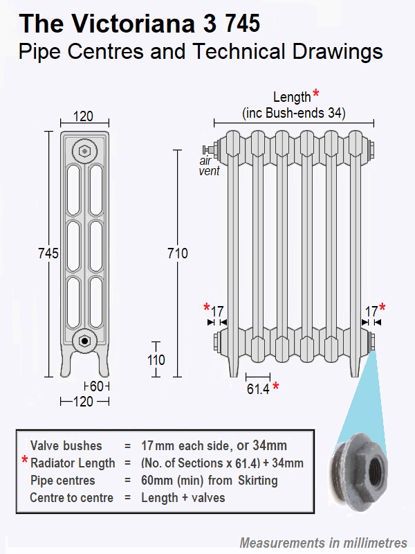 Victoriana 3 Cast Iron Radiator - 16 Section, 745H x 1016mm